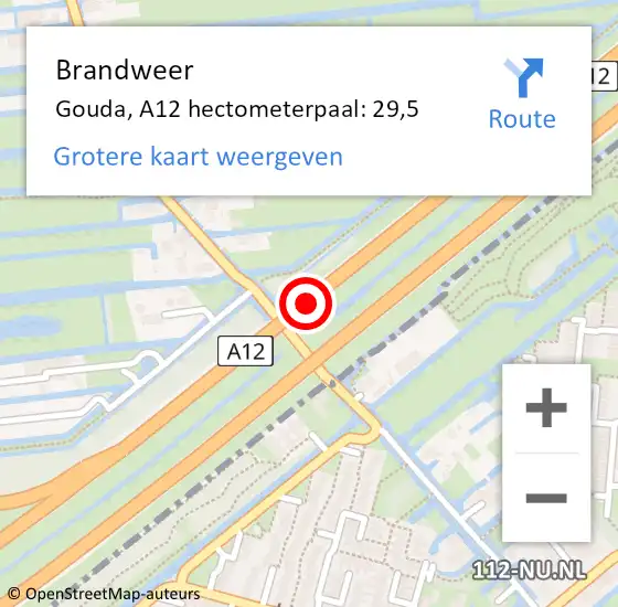 Locatie op kaart van de 112 melding: Brandweer Gouda, A12 hectometerpaal: 29,5 op 21 juni 2024 18:33