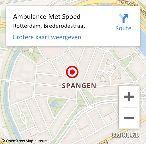 Locatie op kaart van de 112 melding: Ambulance Met Spoed Naar Rotterdam, Brederodestraat op 21 juni 2024 18:53