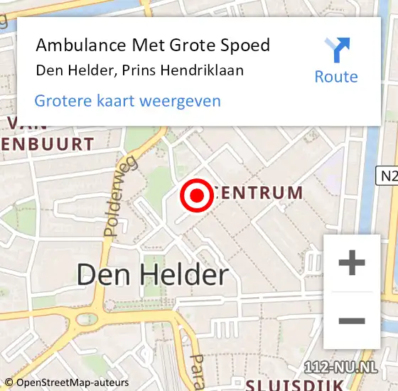 Locatie op kaart van de 112 melding: Ambulance Met Grote Spoed Naar Den Helder, Prins Hendriklaan op 21 juni 2024 19:06