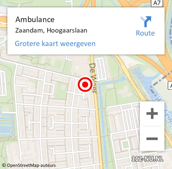 Locatie op kaart van de 112 melding: Ambulance Zaandam, Hoogaarslaan op 21 juni 2024 19:08