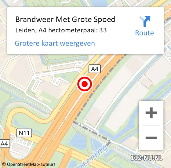 Locatie op kaart van de 112 melding: Brandweer Met Grote Spoed Naar Leiden, A4 hectometerpaal: 33 op 21 juni 2024 19:08
