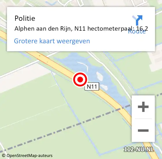 Locatie op kaart van de 112 melding: Politie Alphen aan den Rijn, N11 hectometerpaal: 16,2 op 21 juni 2024 19:27