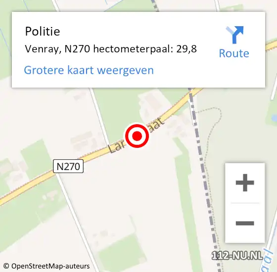 Locatie op kaart van de 112 melding: Politie Venray, N270 hectometerpaal: 29,8 op 21 juni 2024 20:29