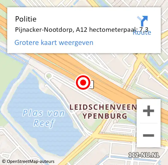 Locatie op kaart van de 112 melding: Politie Pijnacker-Nootdorp, A12 hectometerpaal: 7,3 op 21 juni 2024 21:14