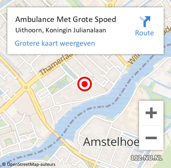 Locatie op kaart van de 112 melding: Ambulance Met Grote Spoed Naar Uithoorn, Koningin Julianalaan op 21 juni 2024 22:07