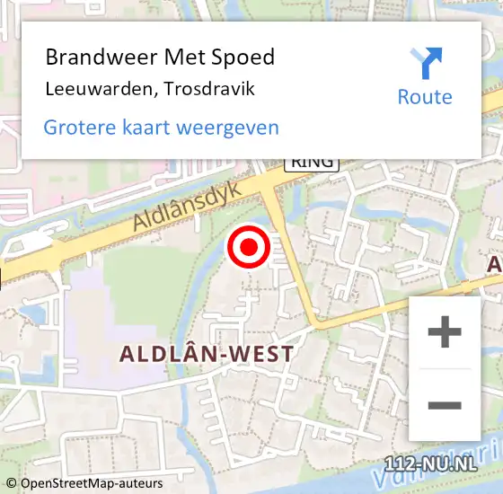 Locatie op kaart van de 112 melding: Brandweer Met Spoed Naar Leeuwarden, Trosdravik op 21 juni 2024 22:29