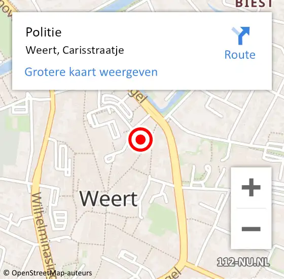 Locatie op kaart van de 112 melding: Politie Weert, Carisstraatje op 21 juni 2024 22:40