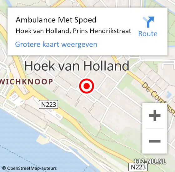 Locatie op kaart van de 112 melding: Ambulance Met Spoed Naar Hoek van Holland, Prins Hendrikstraat op 21 juni 2024 22:41