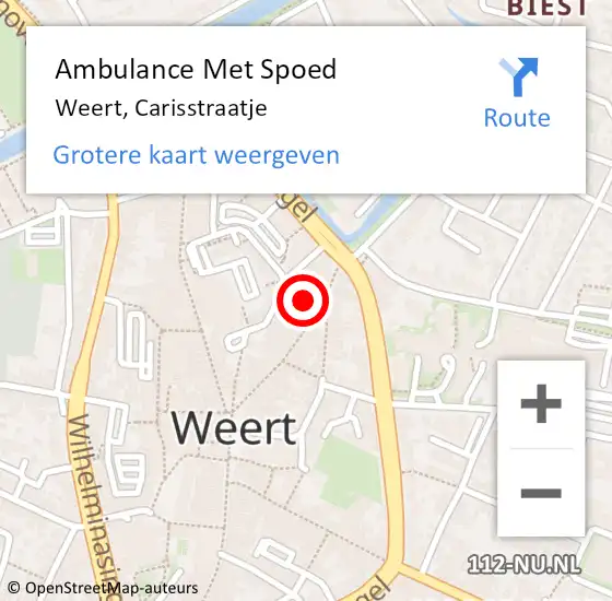 Locatie op kaart van de 112 melding: Ambulance Met Spoed Naar Weert, Carisstraatje op 21 juni 2024 22:45