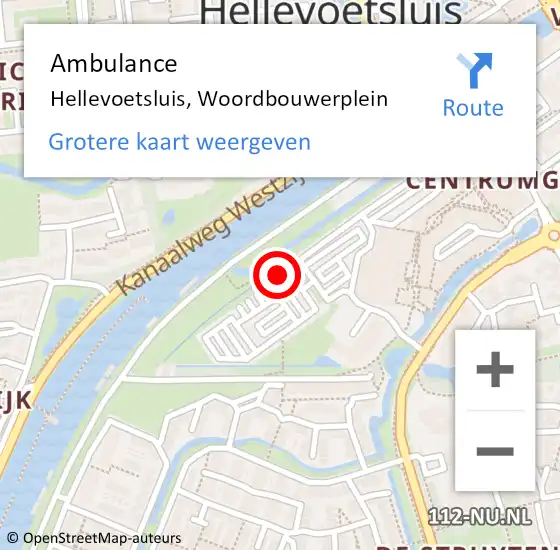 Locatie op kaart van de 112 melding: Ambulance Hellevoetsluis, Woordbouwerplein op 21 juni 2024 23:41