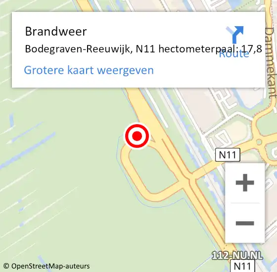 Locatie op kaart van de 112 melding: Brandweer Bodegraven-Reeuwijk, N11 hectometerpaal: 17,8 op 22 juni 2024 00:19