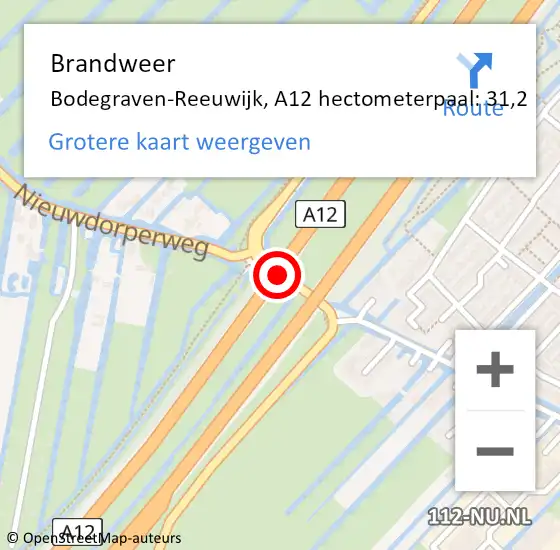 Locatie op kaart van de 112 melding: Brandweer Bodegraven-Reeuwijk, A12 hectometerpaal: 31,2 op 22 juni 2024 01:26