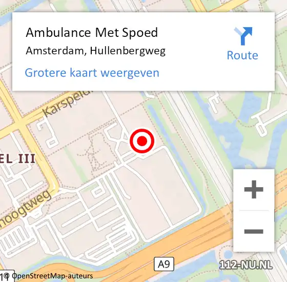 Locatie op kaart van de 112 melding: Ambulance Met Spoed Naar Amsterdam, Hullenbergweg op 22 juni 2024 08:44