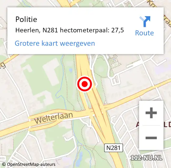 Locatie op kaart van de 112 melding: Politie Heerlen, N281 hectometerpaal: 27,5 op 22 juni 2024 11:09