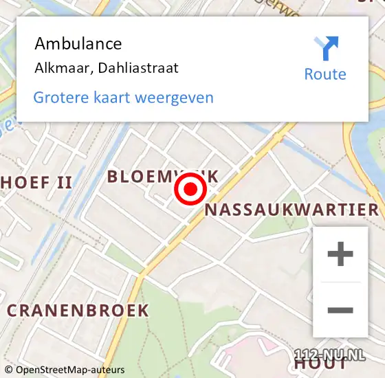 Locatie op kaart van de 112 melding: Ambulance Alkmaar, Dahliastraat op 22 juni 2024 11:24