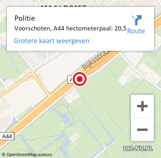 Locatie op kaart van de 112 melding: Politie Voorschoten, A44 hectometerpaal: 20,5 op 22 juni 2024 11:31