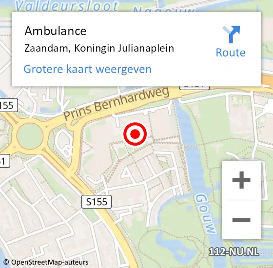 Locatie op kaart van de 112 melding: Ambulance Zaandam, Koningin Julianaplein op 22 juni 2024 13:26