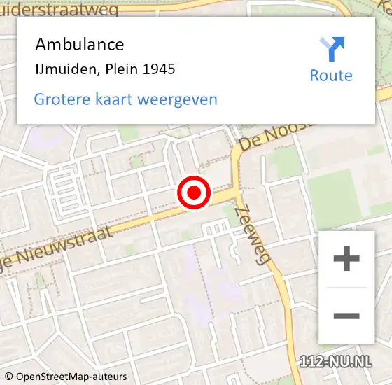 Locatie op kaart van de 112 melding: Ambulance IJmuiden, Plein 1945 op 22 juni 2024 13:26