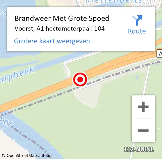 Locatie op kaart van de 112 melding: Brandweer Met Grote Spoed Naar Voorst, A1 hectometerpaal: 104 op 22 juni 2024 14:42