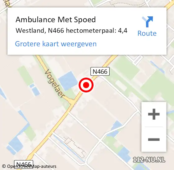 Locatie op kaart van de 112 melding: Ambulance Met Spoed Naar Westland, N466 hectometerpaal: 4,4 op 22 juni 2024 15:12