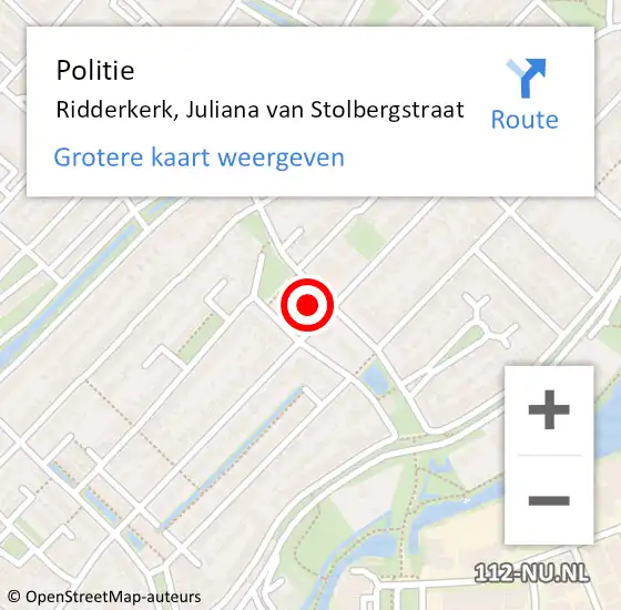 Locatie op kaart van de 112 melding: Politie Ridderkerk, Juliana van Stolbergstraat op 22 juni 2024 15:31