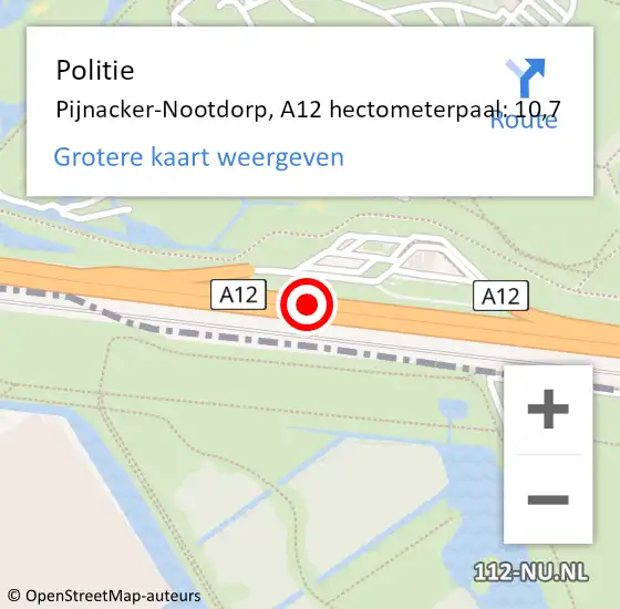 Locatie op kaart van de 112 melding: Politie Pijnacker-Nootdorp, A12 hectometerpaal: 10,7 op 22 juni 2024 15:50