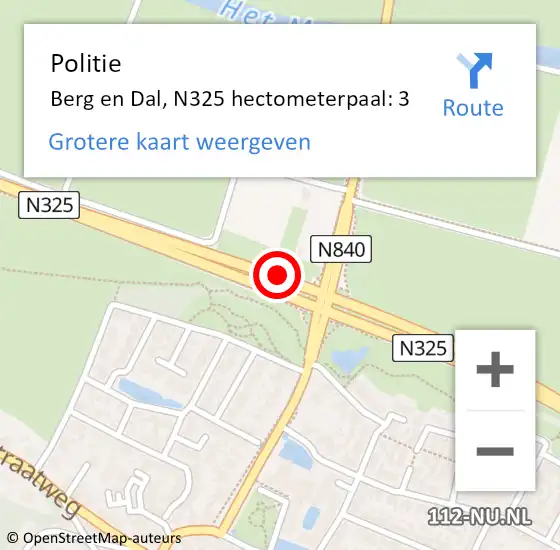 Locatie op kaart van de 112 melding: Politie Berg en Dal, N325 hectometerpaal: 3 op 22 juni 2024 16:16