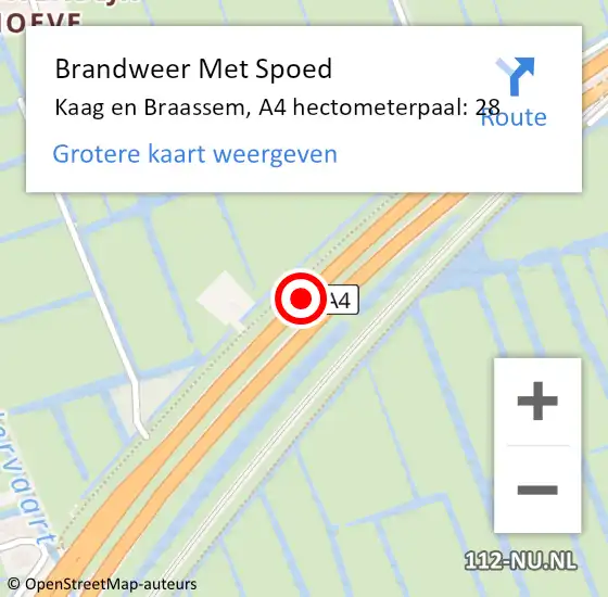 Locatie op kaart van de 112 melding: Brandweer Met Spoed Naar Kaag en Braassem, A4 hectometerpaal: 28 op 22 juni 2024 17:02