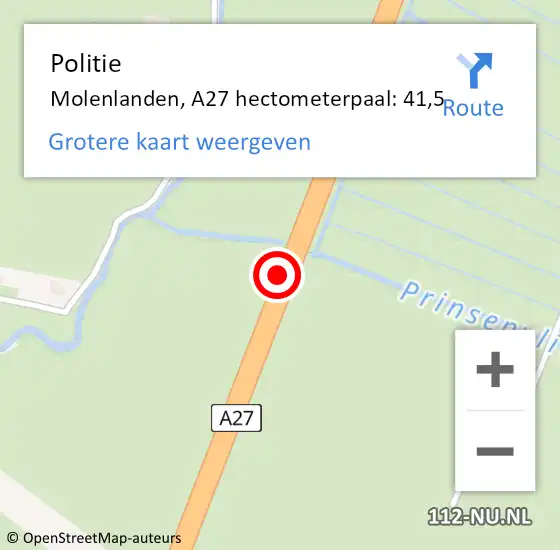 Locatie op kaart van de 112 melding: Politie Molenlanden, A27 hectometerpaal: 41,5 op 22 juni 2024 17:21