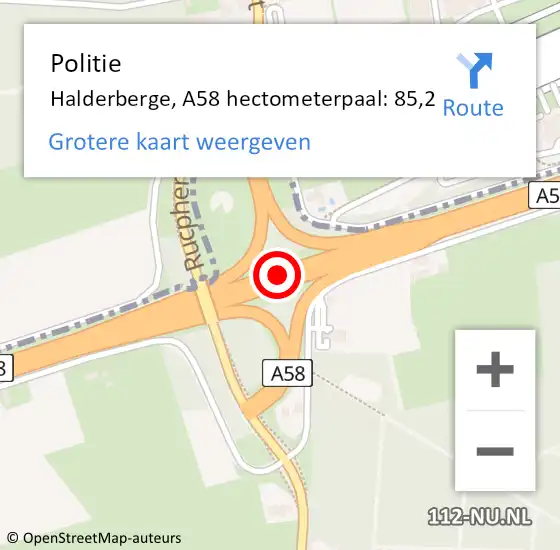 Locatie op kaart van de 112 melding: Politie Halderberge, A58 hectometerpaal: 85,2 op 22 juni 2024 18:09