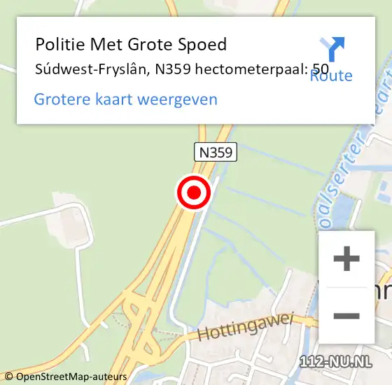 Locatie op kaart van de 112 melding: Politie Met Grote Spoed Naar Súdwest-Fryslân, N359 hectometerpaal: 50 op 22 juni 2024 18:46