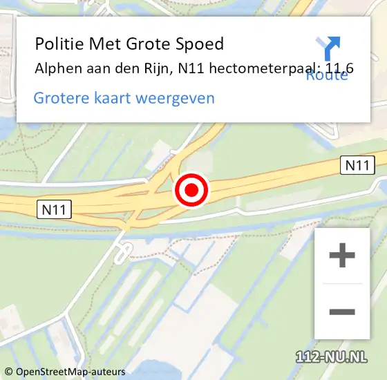 Locatie op kaart van de 112 melding: Politie Met Grote Spoed Naar Alphen aan den Rijn, N11 hectometerpaal: 11,6 op 22 juni 2024 19:03