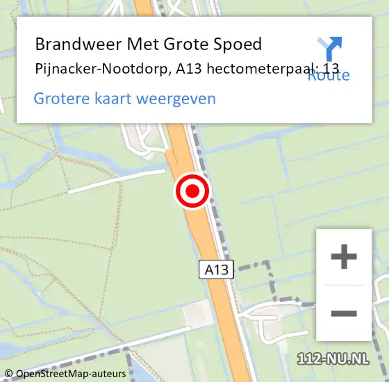 Locatie op kaart van de 112 melding: Brandweer Met Grote Spoed Naar Pijnacker-Nootdorp, A13 hectometerpaal: 13 op 22 juni 2024 19:42