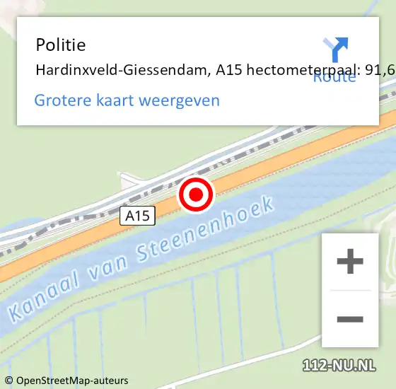 Locatie op kaart van de 112 melding: Politie Hardinxveld-Giessendam, A15 hectometerpaal: 91,6 op 22 juni 2024 19:46