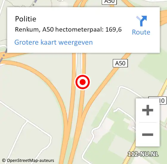 Locatie op kaart van de 112 melding: Politie Renkum, A50 hectometerpaal: 169,6 op 22 juni 2024 19:56
