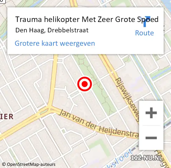 Locatie op kaart van de 112 melding: Trauma helikopter Met Zeer Grote Spoed Naar Den Haag, Drebbelstraat op 22 juni 2024 20:11