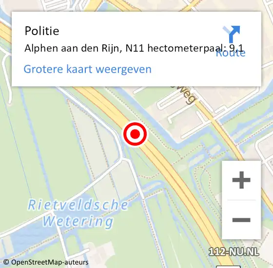 Locatie op kaart van de 112 melding: Politie Alphen aan den Rijn, N11 hectometerpaal: 9,1 op 22 juni 2024 20:48
