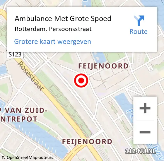 Locatie op kaart van de 112 melding: Ambulance Met Grote Spoed Naar Rotterdam, Persoonsstraat op 22 juni 2024 21:14