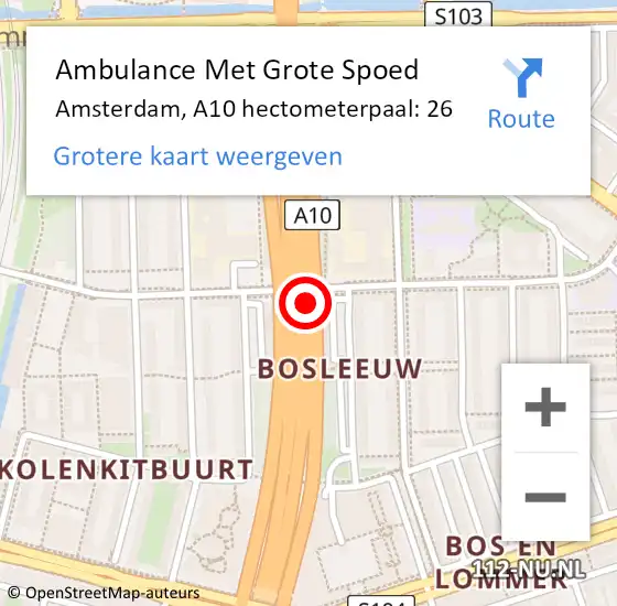 Locatie op kaart van de 112 melding: Ambulance Met Grote Spoed Naar Amsterdam, A10 hectometerpaal: 26 op 22 juni 2024 21:23