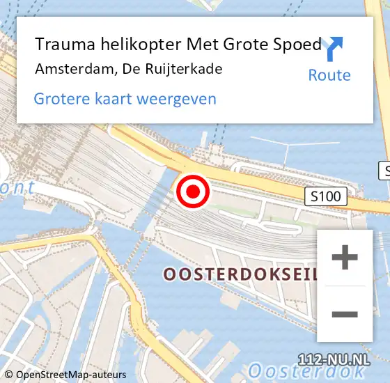 Locatie op kaart van de 112 melding: Trauma helikopter Met Grote Spoed Naar Amsterdam, De Ruijterkade op 22 juni 2024 22:32