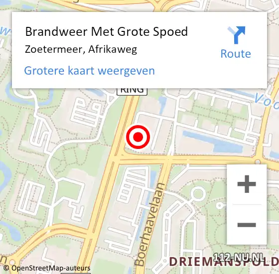 Locatie op kaart van de 112 melding: Brandweer Met Grote Spoed Naar Zoetermeer, Afrikaweg op 22 juni 2024 22:40