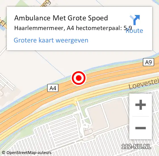 Locatie op kaart van de 112 melding: Ambulance Met Grote Spoed Naar Haarlemmermeer, A4 hectometerpaal: 5,9 op 22 juni 2024 23:28