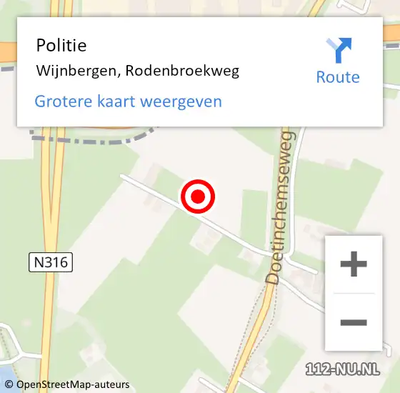 Locatie op kaart van de 112 melding: Politie Wijnbergen, Rodenbroekweg op 23 juni 2024 00:52