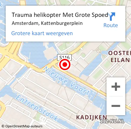 Locatie op kaart van de 112 melding: Trauma helikopter Met Grote Spoed Naar Amsterdam, Kattenburgerplein op 23 juni 2024 04:22