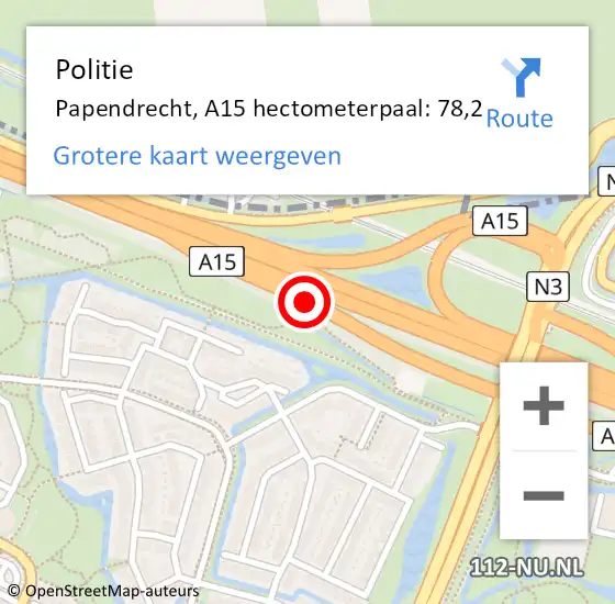 Locatie op kaart van de 112 melding: Politie Papendrecht, A15 hectometerpaal: 78,2 op 23 juni 2024 08:06