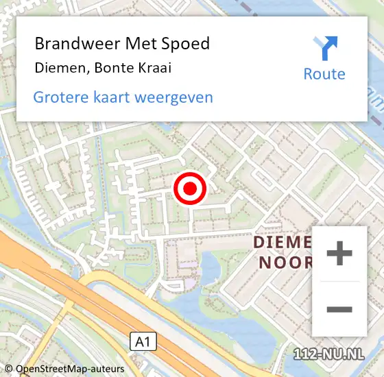 Locatie op kaart van de 112 melding: Brandweer Met Spoed Naar Diemen, Bonte Kraai op 23 juni 2024 10:22