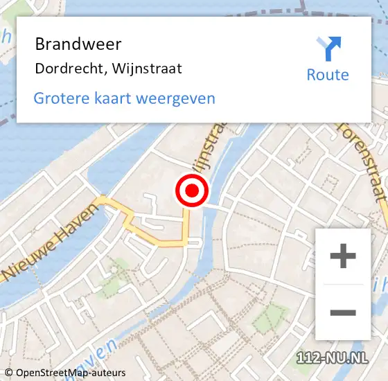 Locatie op kaart van de 112 melding: Brandweer Dordrecht, Wijnstraat op 23 juni 2024 11:31