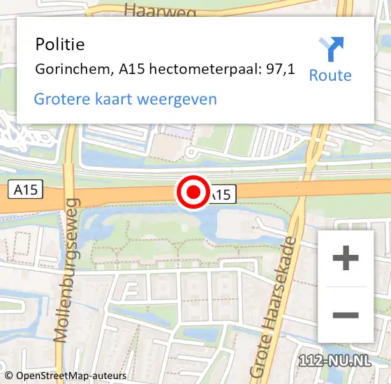 Locatie op kaart van de 112 melding: Politie Gorinchem, A15 hectometerpaal: 97,1 op 23 juni 2024 14:09