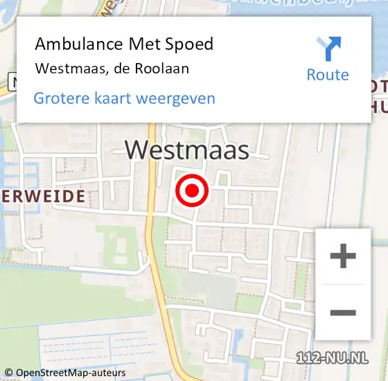 Locatie op kaart van de 112 melding: Ambulance Met Spoed Naar Westmaas, de Roolaan op 23 juni 2024 15:23