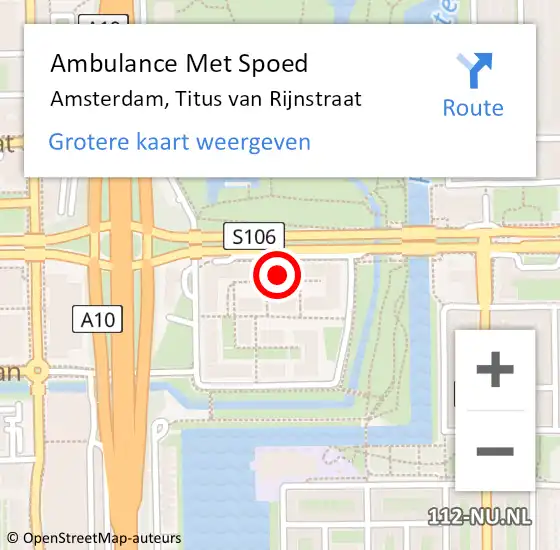 Locatie op kaart van de 112 melding: Ambulance Met Spoed Naar Amsterdam, Titus van Rijnstraat op 23 juni 2024 16:02